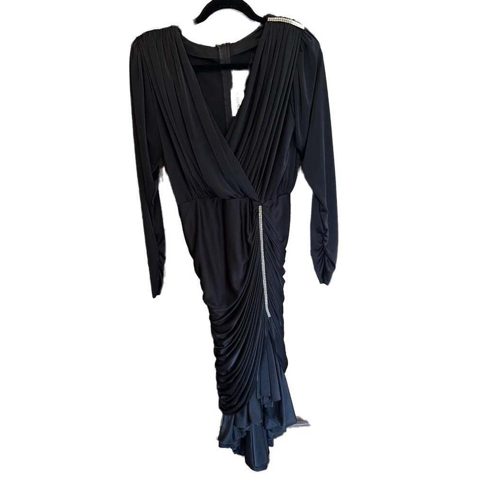 Vintage 80s Susan Roselli for Vijack Black Ruched Draped Rhinestone Gown